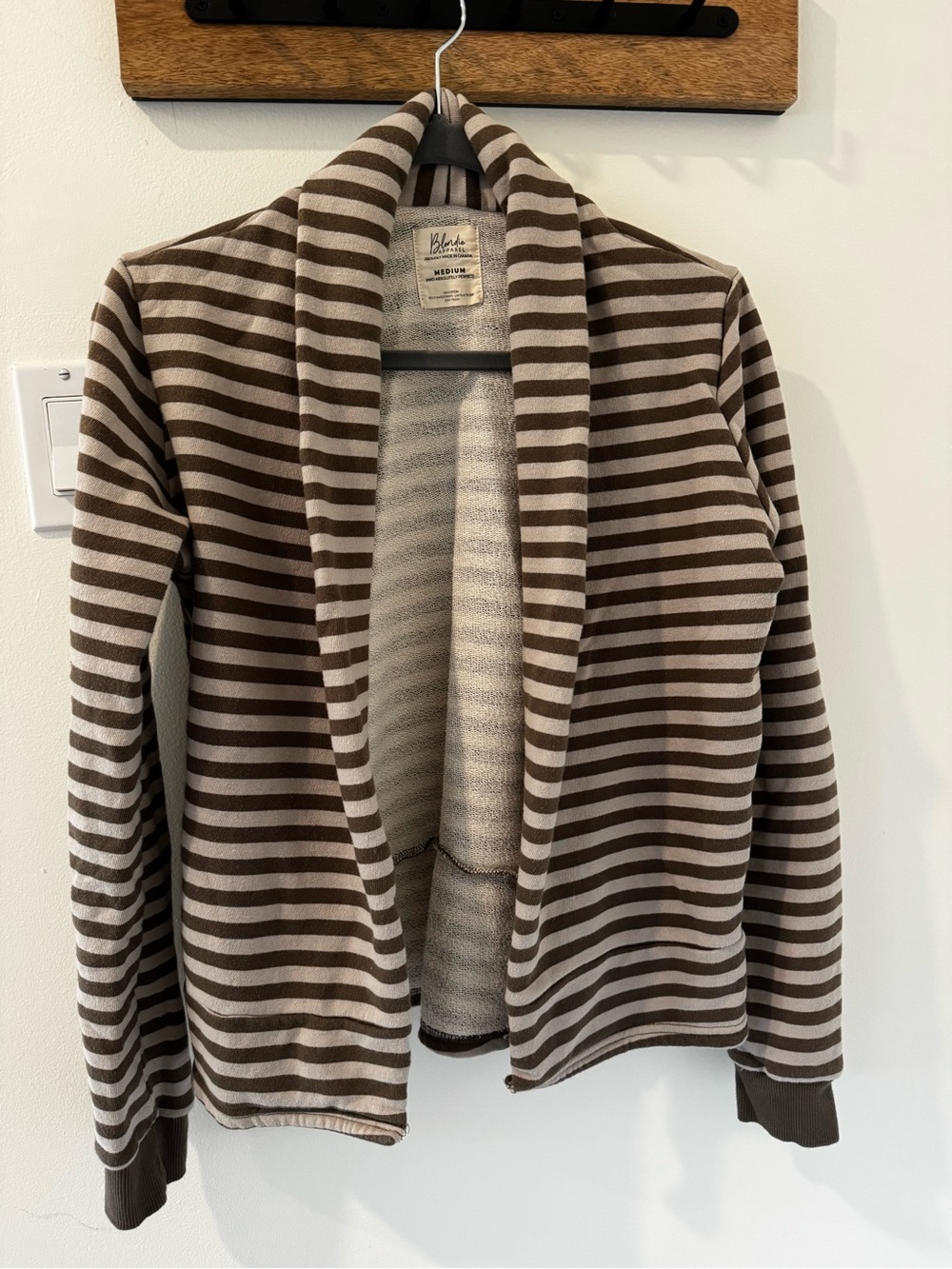 Blondie Size M Olive & Cream Striped Open-Front Shawl Collar Sweater